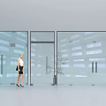 Modern Glass Door Entrance With Two Business People And Interior Plants