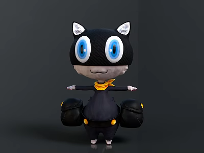 Cute Cartoon Black Cat With Big Blue Eyes White Ears Yellow Scarf And Black Bags 3d model