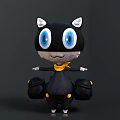 Cute Cartoon Black Cat With Big Blue Eyes White Ears Yellow Scarf And Black Bags