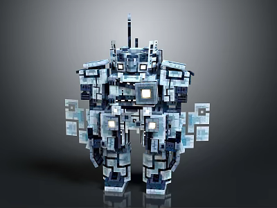 Mechanical Robot Character With Blue And White Block Constructed Humanoid Structure 3d model