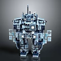 Mechanical Robot Character With Blue And White Block Constructed Humanoid Structure 3d model