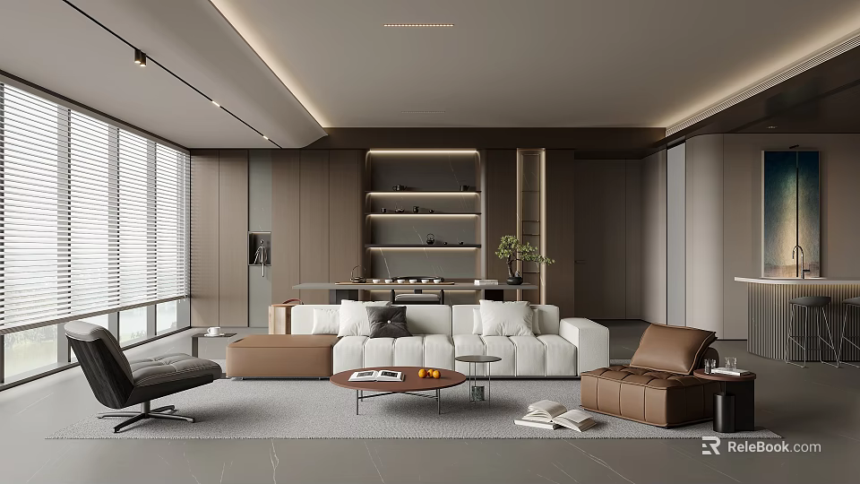 Modern Living Room Interior With White Sofa Brown Armchair And Coffee Table 3d model