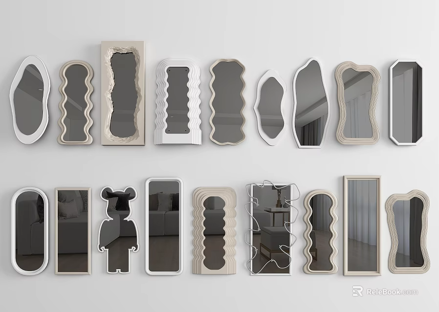 Decorative Mirrors In Various Shapes And Designs Displayed On White Wall For Home Interior 3d model 