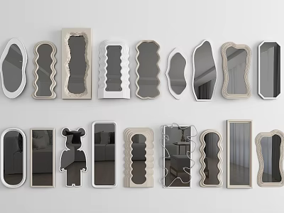 Decorative Mirrors In Various Shapes And Designs Displayed On White Wall For Home Interior 3d model