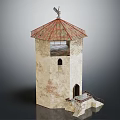 Weathered Beige Tower With Red Roof Eagle Decoration Small Window Arched Door And Stone Stairs 3d model