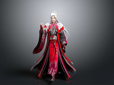 Ancient Chinese Character In Red Black Robe With White Long Hair And Ornate Details 3d model