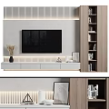 Modern TV Wall Design With Light Gray Cabinet Linear Lighting And Wooden Bookshelf