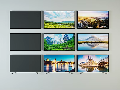 Multiple Televisions Arranged In Grid Showing Scenic Mountain Lake And Castle Images On White Wall 3d model