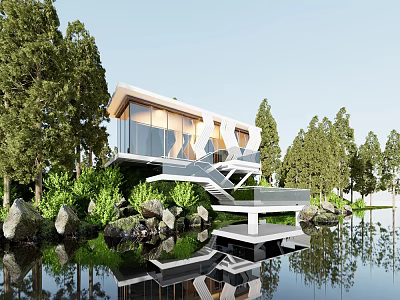 Modern Vacation Home Architecture Surrounded by Trees With Glass Facade Floating Over Water Reflection 3d model