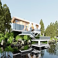 Modern Vacation Home Architecture Surrounded by Trees With Glass Facade Floating Over Water Reflection