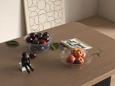 Fresh Cherries and Peaches in Glass Bowls on Wooden Table with Magazine Leaf and Figurine 3d model