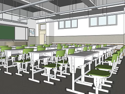School Classroom Interior With Green Chairs White Desks Blackboard And Windows 3d model