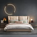 Modern Double Bed With Beige Headboard Nightstands Table Lamps And Circular Ring Light 3d model