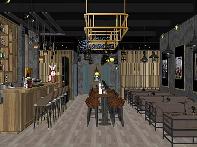 Cozy Restaurant Interior Design With Wooden Bar Counter Hanging Chandelier And Tables Chairs 3d model