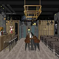 Cozy Restaurant Interior Design With Wooden Bar Counter Hanging Chandelier And Tables Chairs