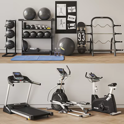 Home Gym Fitness Equipment Setup With Treadmill Exercise Bike Dumbbells And Yoga Mat 3d model