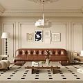 Elegant Living Room Interior With Brown Leather Sofa Coffee Table White Chandelier And Decorative Paintings