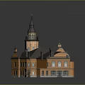 Orange Classical Building With Spire Tower Dark Roof And Multiple Windows 3d model