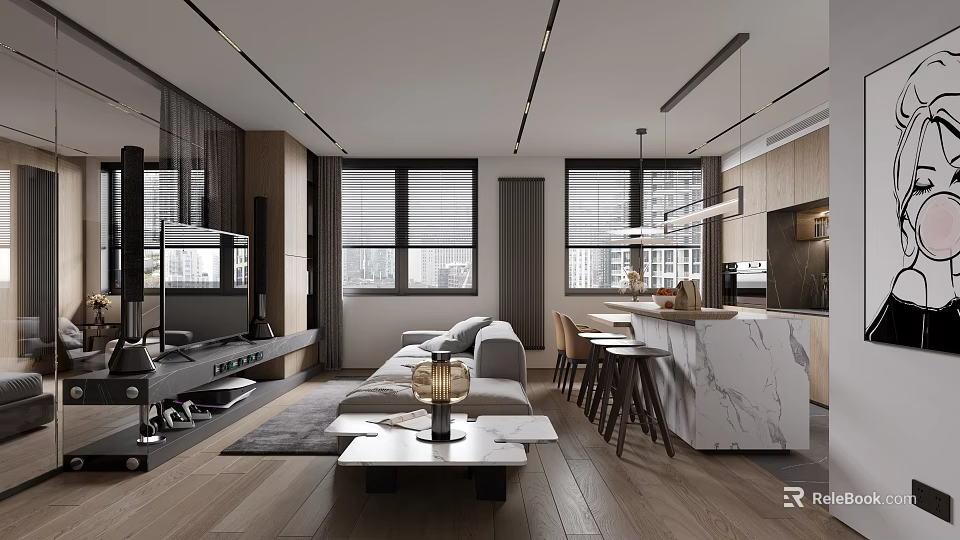 Modern Living Dining Area Interior Design With Sofa Coffee Table And Island Bar Stools 3d model 
