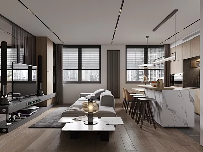 Modern Living Dining Area Interior Design With Sofa Coffee Table And Island Bar Stools 3d model