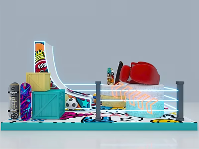 Vibrant Play Activity Setup With Skateboard Red Boxing Gloves And Colorful Blocks 3d model