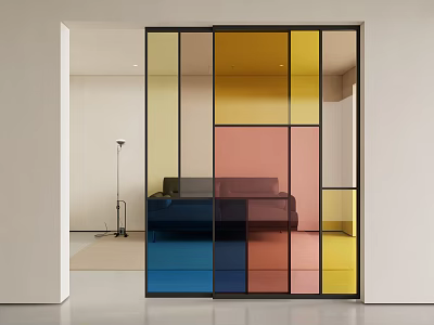 Colorful Glass Sliding Door as Modern Interior Partition With Living Room View 3d model