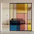 Colorful Glass Sliding Door as Modern Interior Partition With Living Room View