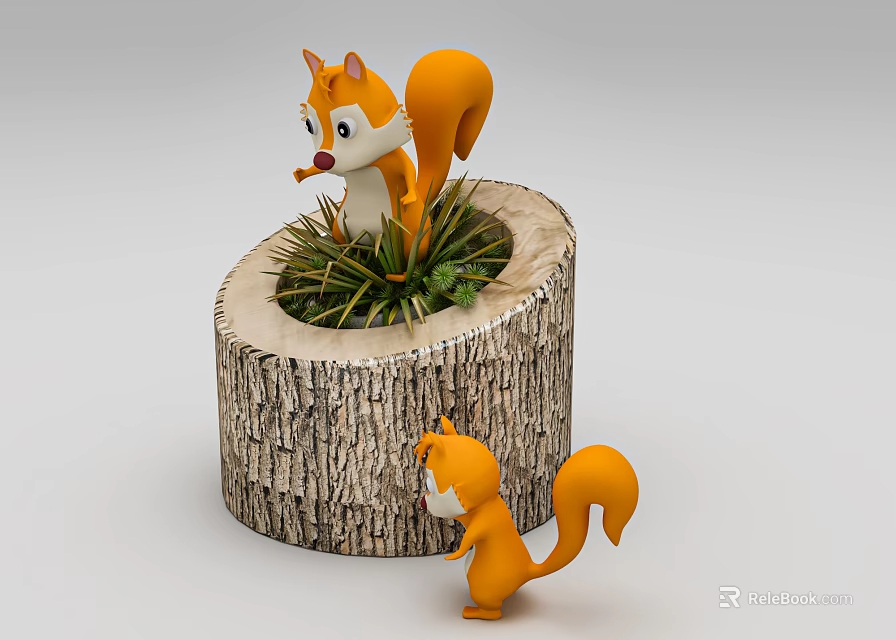 Cute Orange Reptiles Playing On Tree Stump Planter With Green Grass 3d model 