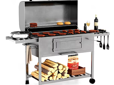 Stainless Steel Outdoor Grill With Sausages Burgers Firewood Wine And BBQ Tools 3d model