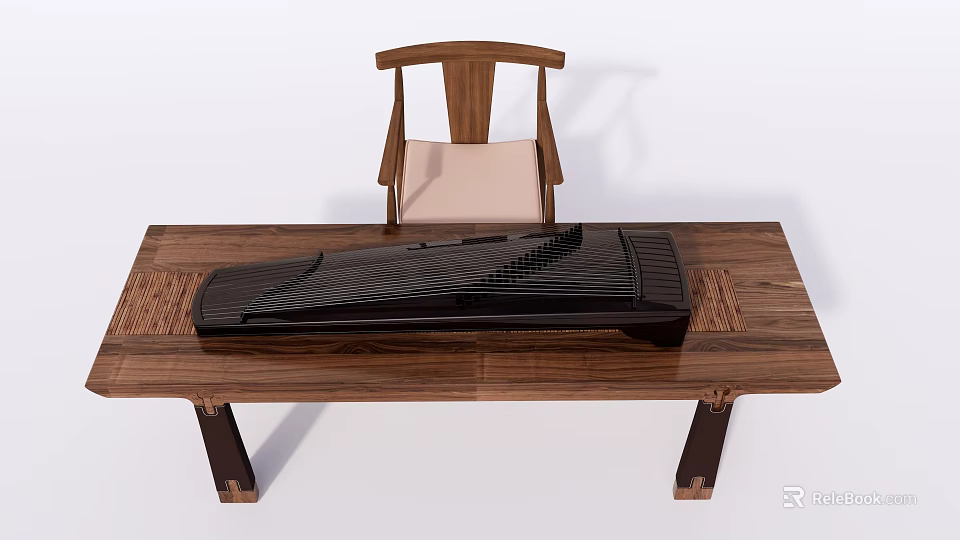 Traditional Black Chinese Zither On Wooden Table With Wooden Chair Light Cushion 3d model 
