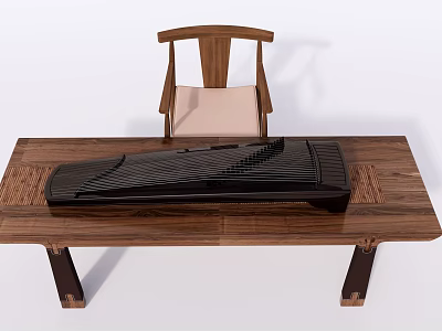Traditional Black Chinese Zither On Wooden Table With Wooden Chair Light Cushion 3d model