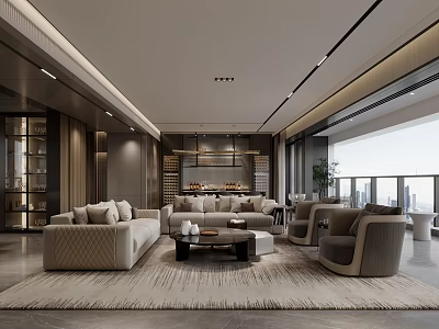Modern Living And Dining Room Interior With Neutral Sofa Coffee Table Rug And Large Windows 3d model
