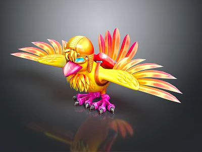 Colorful Cartoon Bird With Yellow Orange Feathers Helmet Blue Eyes And Pink Claws 3d model