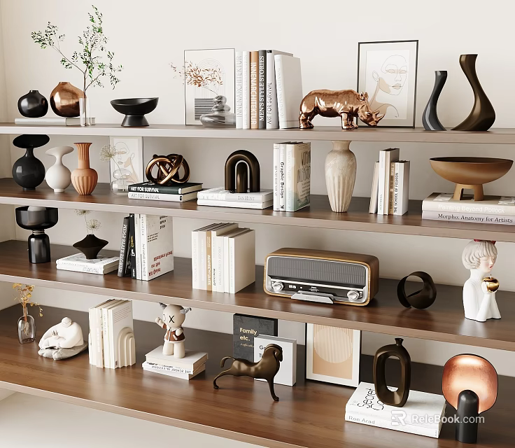 Modern Minimalist Decorative Ornament Set with Sculptures Vases Books and Photo Frames on Wooden Shelves 3d model 