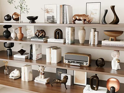 Modern Minimalist Decorative Ornament Set with Sculptures Vases Books and Photo Frames on Wooden Shelves 3d model