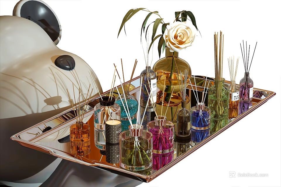 Perfume Cosmetics Collection On Metal Tray With Aromatic Bottles Reed Diffusers Candles And White Rose 3d model 