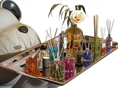 Perfume Cosmetics Collection On Metal Tray With Aromatic Bottles Reed Diffusers Candles And White Rose 3d model