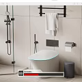 Modern White Toilet With Glass Shower White Towel Black Rack And Trash Bin In Bathroom