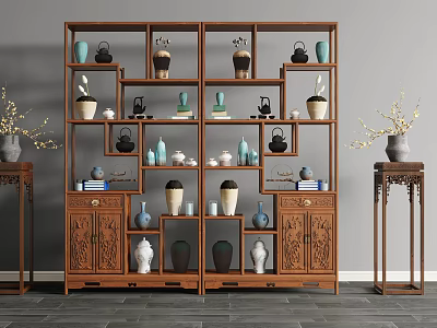 Carved Wooden Chinese Display Cabinet with Ceramic Vases Decorative Items and Side Tables Floral Decor 3d model