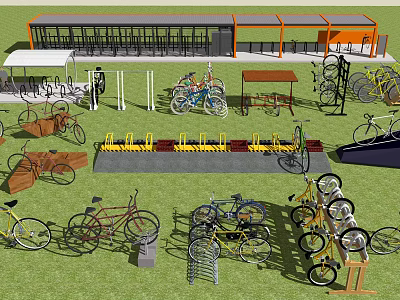 Outdoor Bicycle Parking Area With Racks Shelters And Multiple Bikes Storage 3d model