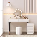 White Dressing Table with Decorative Mirror and Stool in Modern Interior With Vertical Striped Wall 3d model