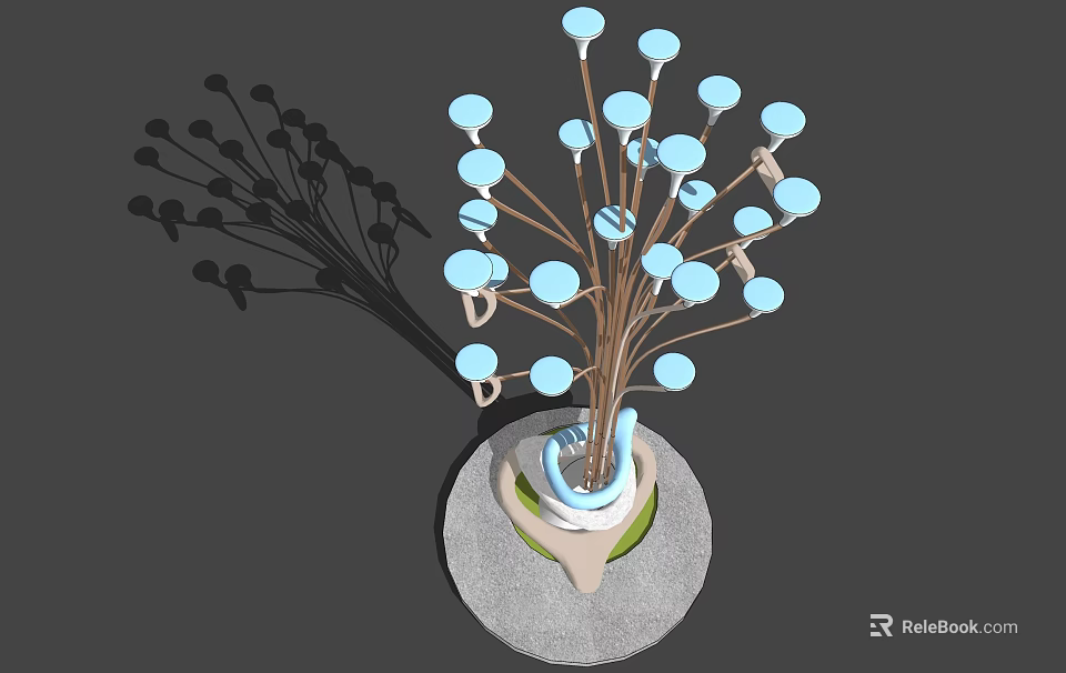 Tree Shaped Outdoor Light With Blue Globe Lamps And Base Shadow 3d model