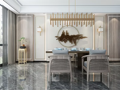 Modern Chinese Restaurant Interior With Wooden Dining Table Rattan Chairs Golden Chandelier Circular Landscape Art 3d model
