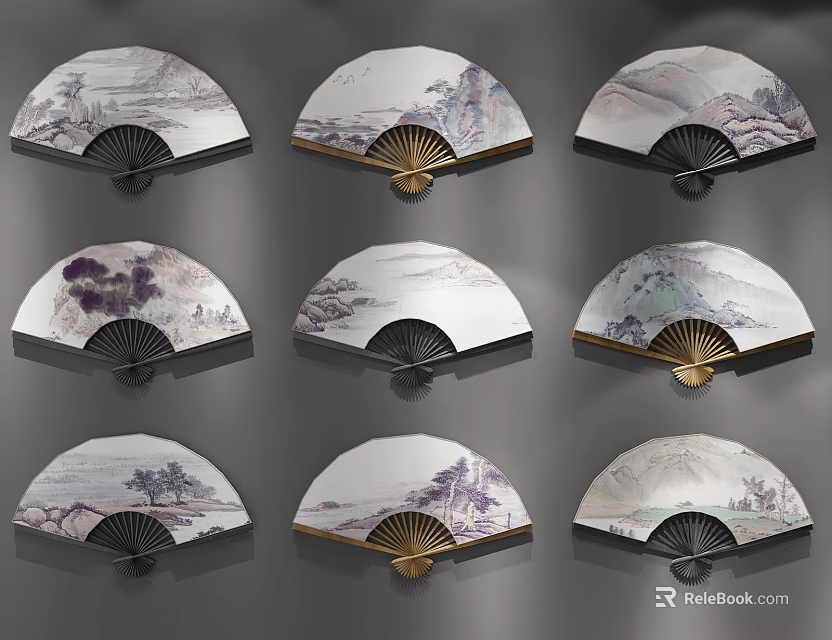 Traditional Chinese Landscape Folding Fan Wall Decor With Gold Accents 3d model 