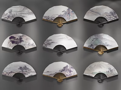 Traditional Chinese Landscape Folding Fan Wall Decor With Gold Accents 3d model