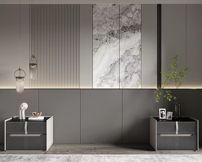 Modern Bedroom Accent Wall Design With Vertical Slat Marble Panel Nightstands And Pendant Lights 3d model