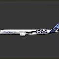 White Passenger Jet Featuring Blue Tail 1000 Logo THALES Branding And Twin Engines