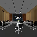Modern Conference Room Interior Design With Long Meeting Table Ergonomic Chairs Wooden Panel Walls And Ceiling Lights