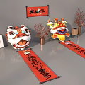 Inflatable Lion Dance Figures With Red Couplets And Festive Chinese New Year Decorations