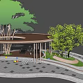 Shaded Wooden Pergola with Green Trees Benches and Colorful Decorative Balls in Garden Rest Area